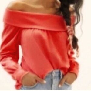 Maeve Anthropologie Women's Medium Off Shoulder Cotton Top Coral resort coastal